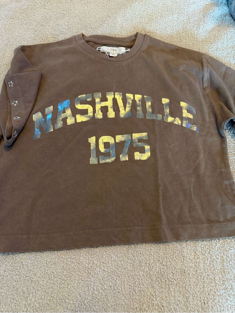 Zara Brown Kids Long Sleeve Tee with Rainbow Metallic Nashville 1975 Print